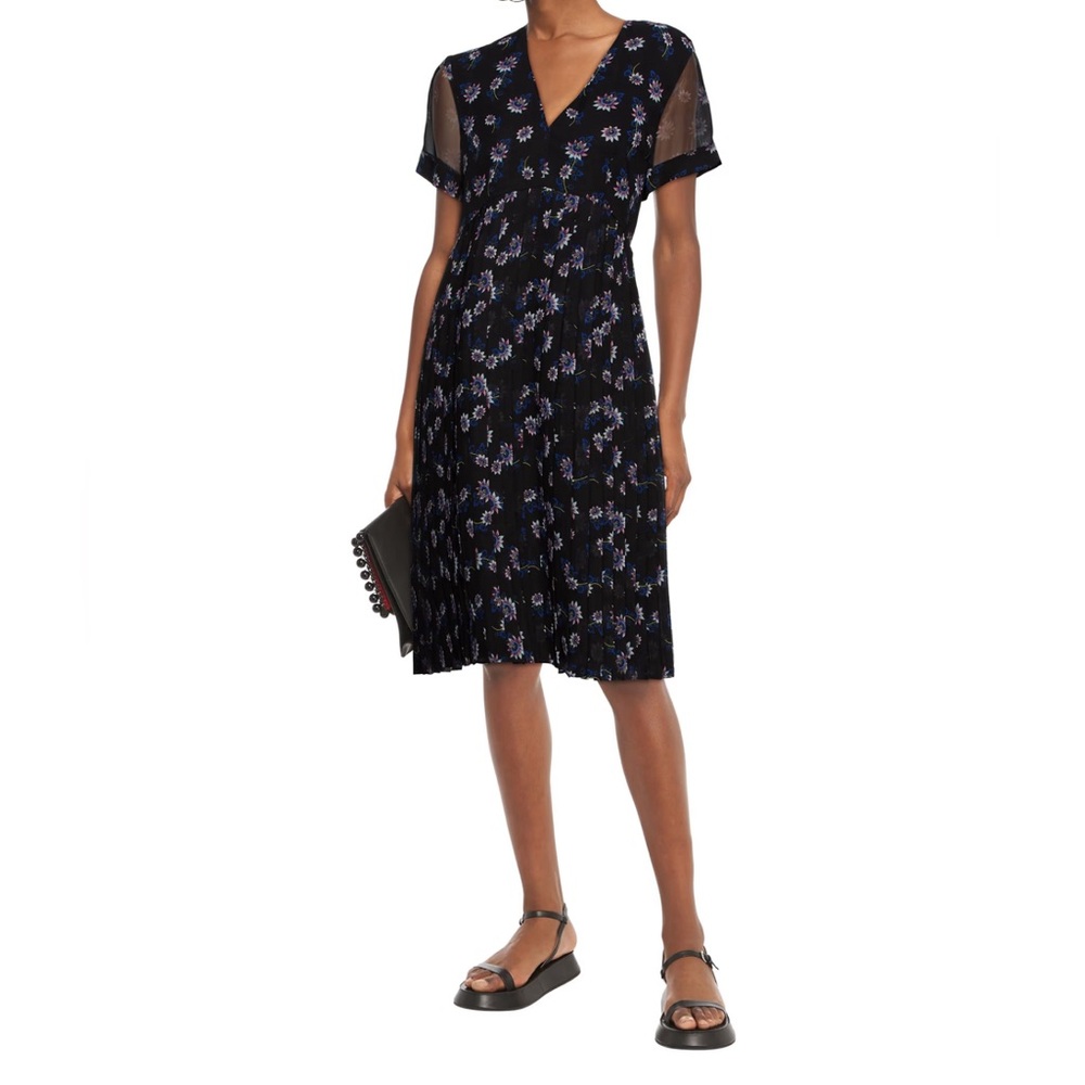 KENZO Paris Midi Dress Floral Passion Flowers Bottle Green Pleated Size 42